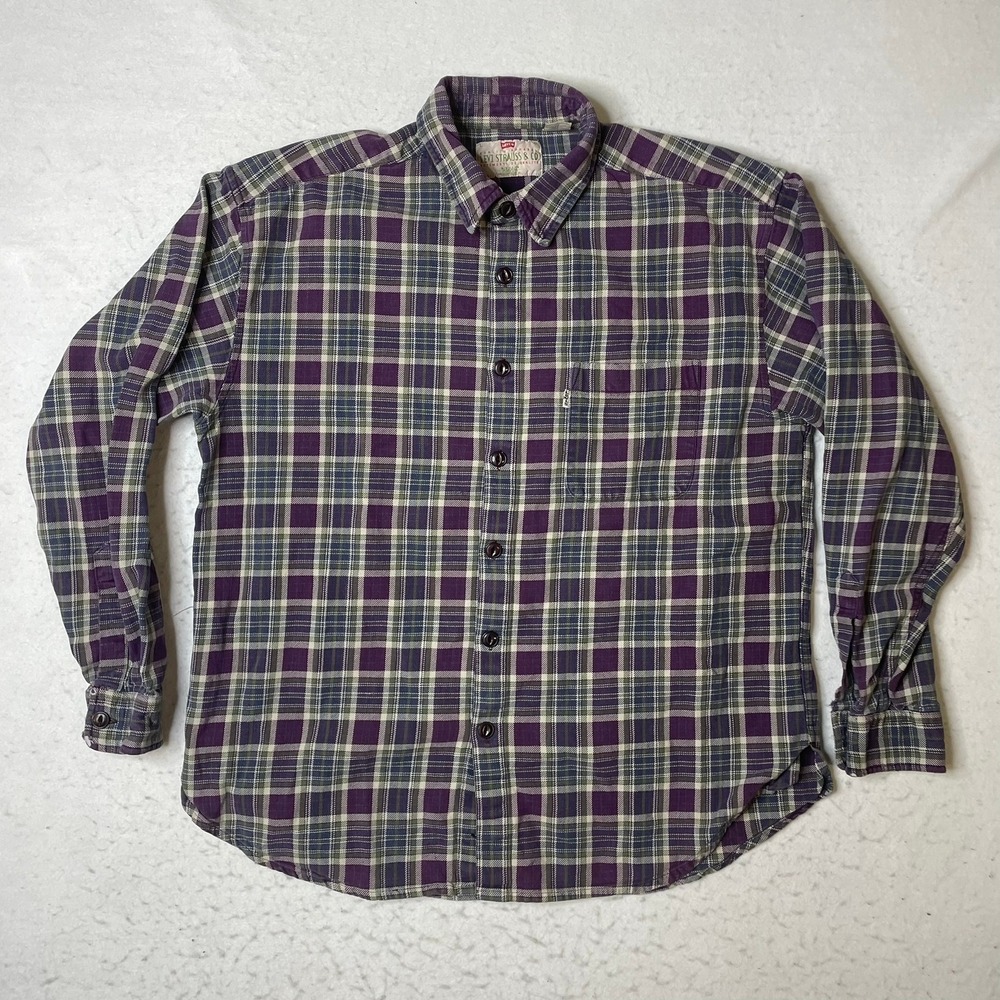 Vintage Levi Strauss & Co Plaid Flannel Shirt Mens Large Purple Long Button Down